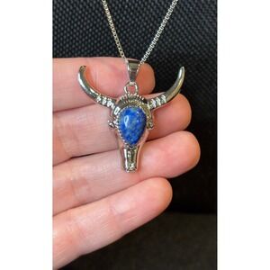 Stainless Steel Blue Lapis Lazuli Bull Skull Pendant Necklace Western Jewelry